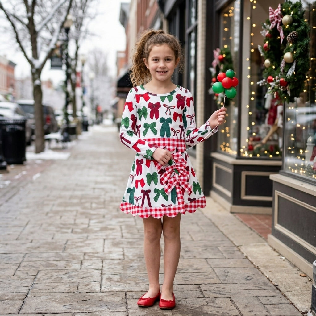 Red green bows scallop girls Christmas active wear set