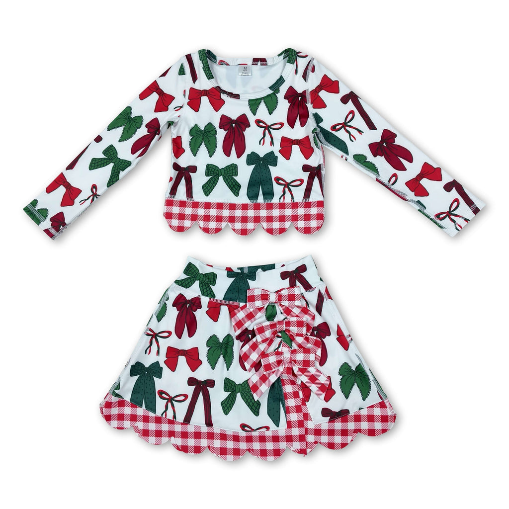 Red green bows scallop girls Christmas active wear set