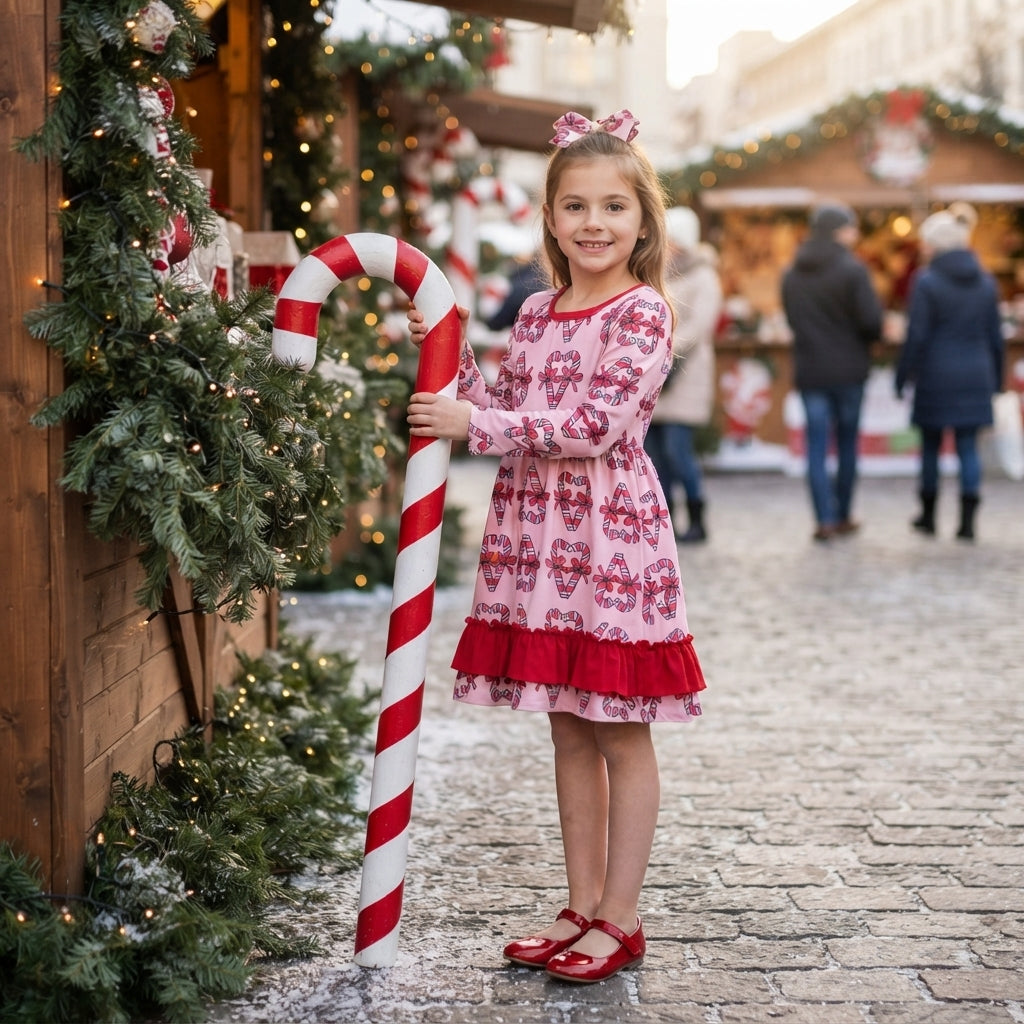 Long sleeves candy cane bow ruffle girls Christmas dress