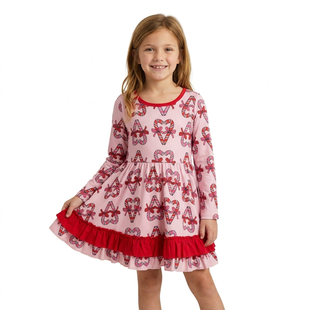 Long sleeves candy cane bow ruffle girls Christmas dress