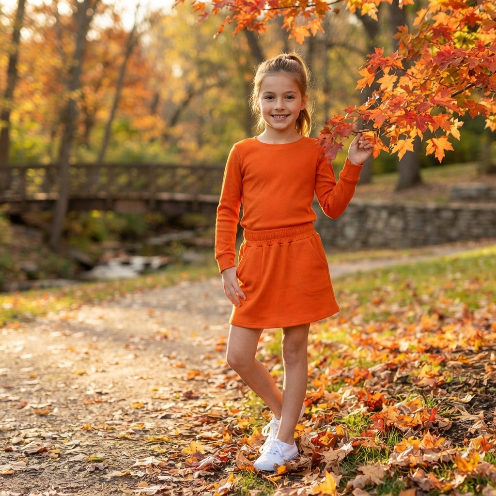 Long sleeves brown cotton top skirt kids girls outfits