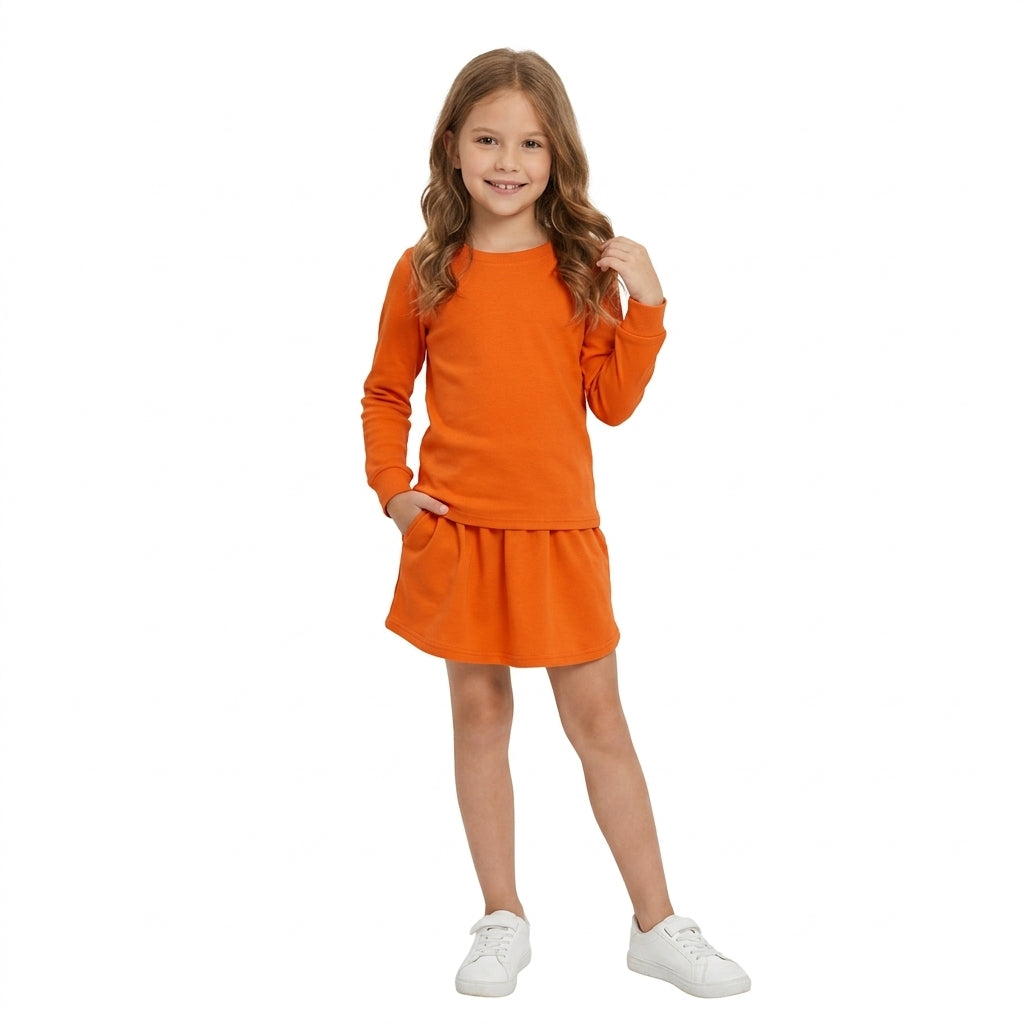 Long sleeves brown cotton top skirt kids girls outfits