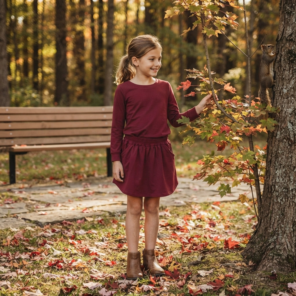 Long sleeves solid cotton top skirt kids girls outfits