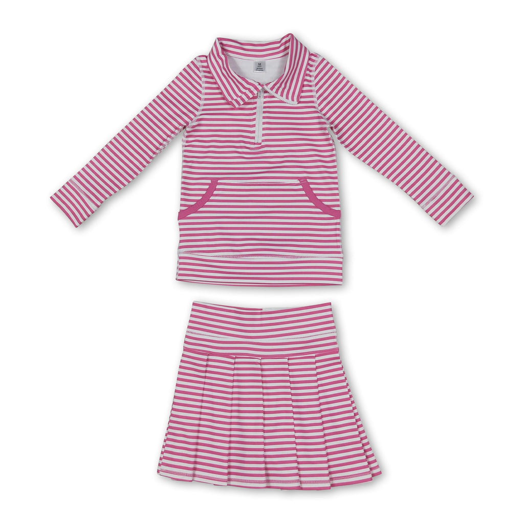 Pink stripe pullover pleated skirt girls active wear set