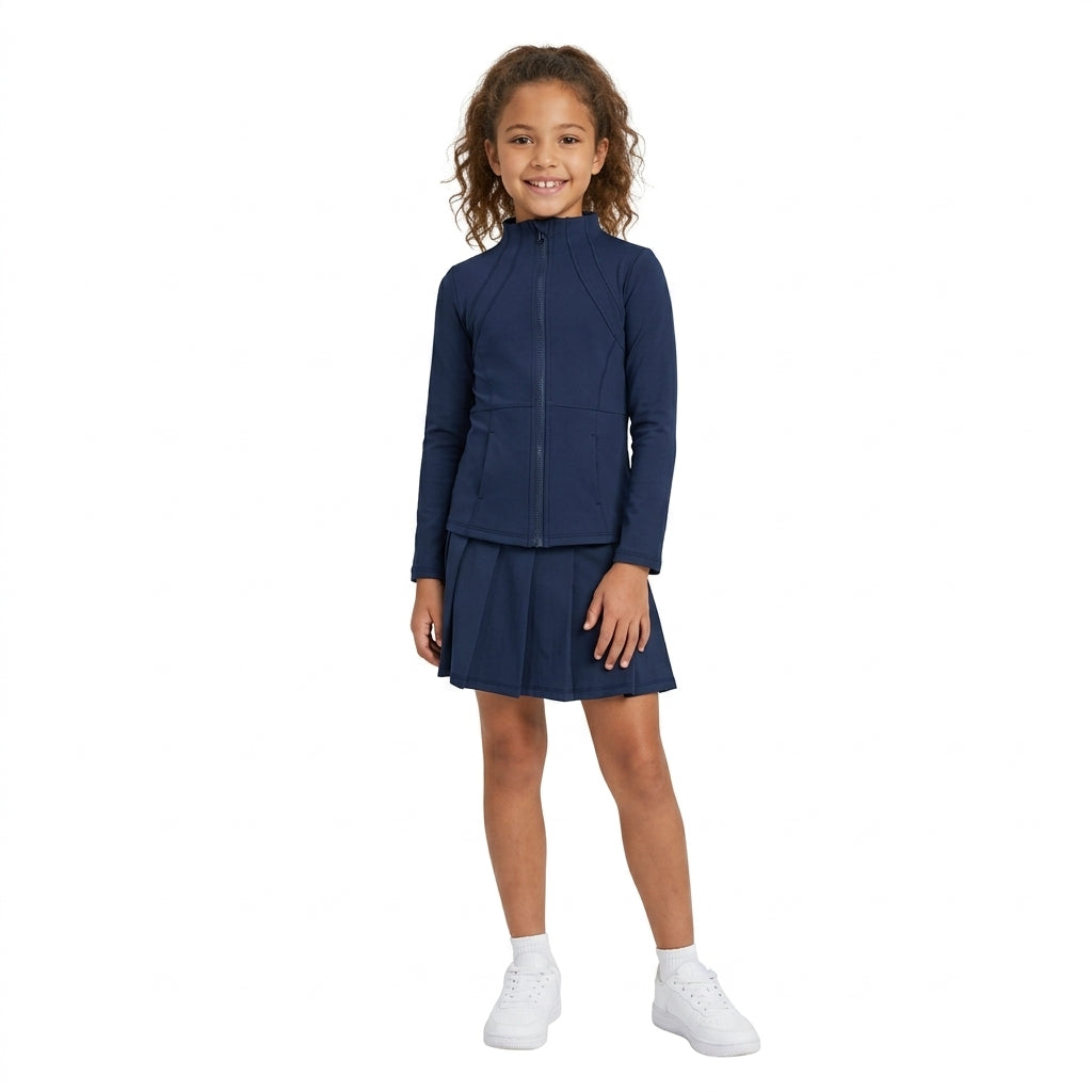 Navy zipper jacket pleated skirt girls activewear set
