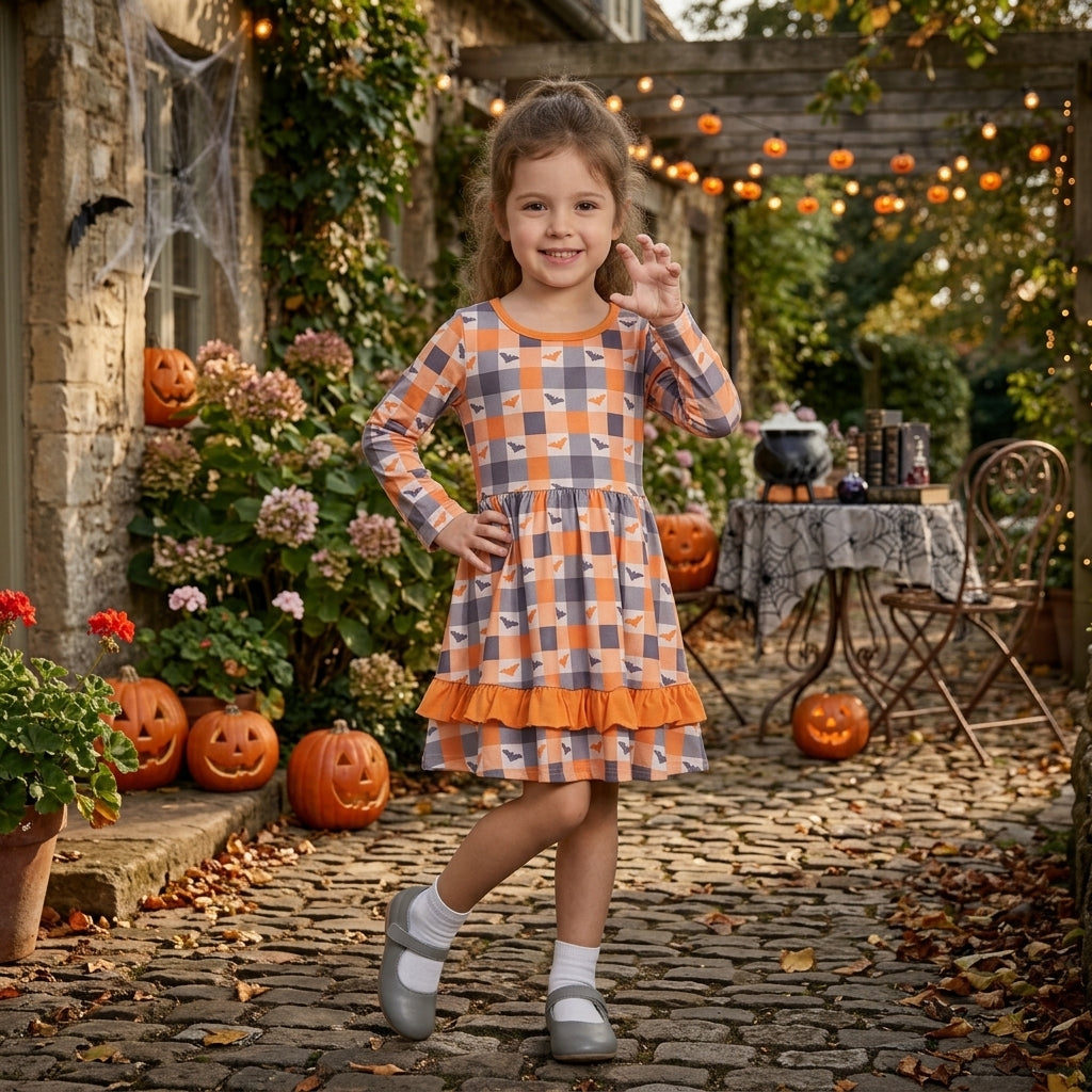 Long sleeves plaid bat ruffle girls Halloween dresses