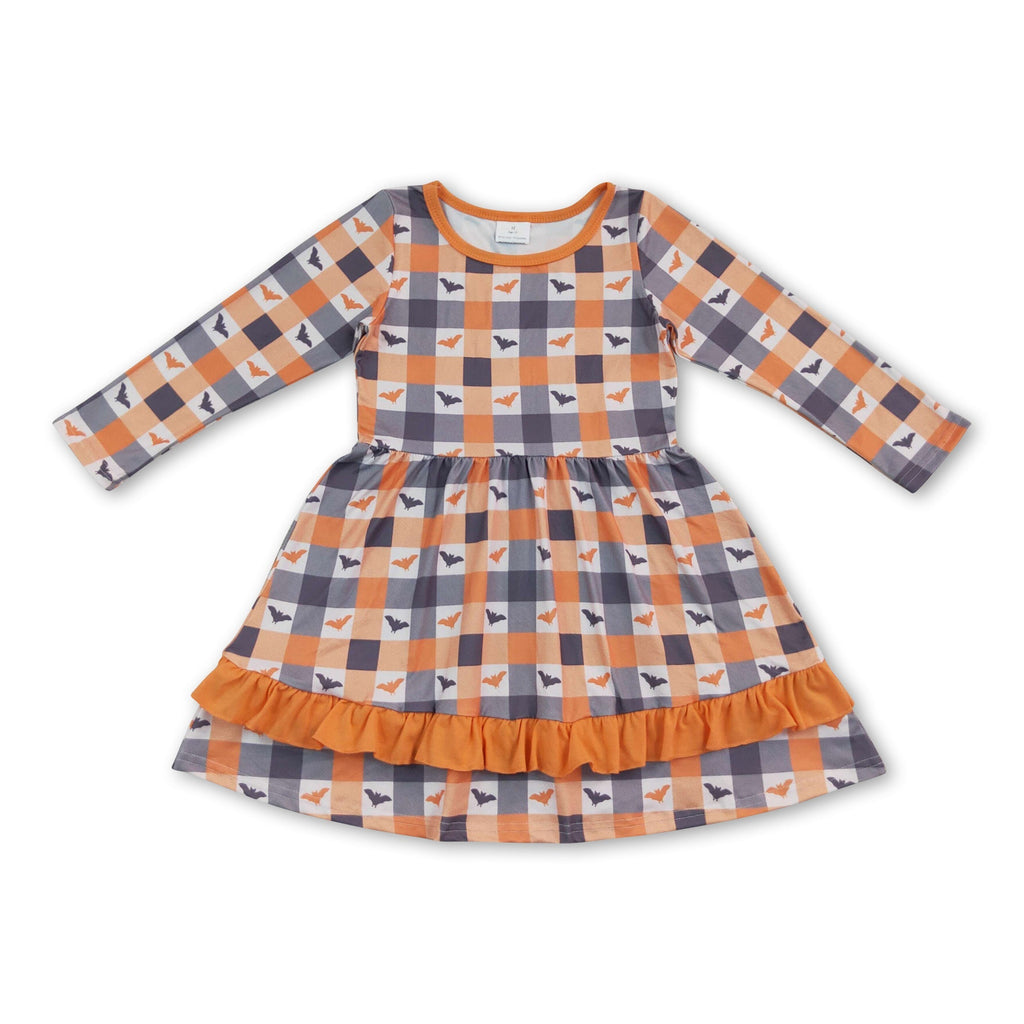 Long sleeves plaid bat ruffle girls Halloween dresses