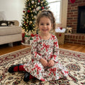 Long sleeves red green plaid bows girls Christmas dress