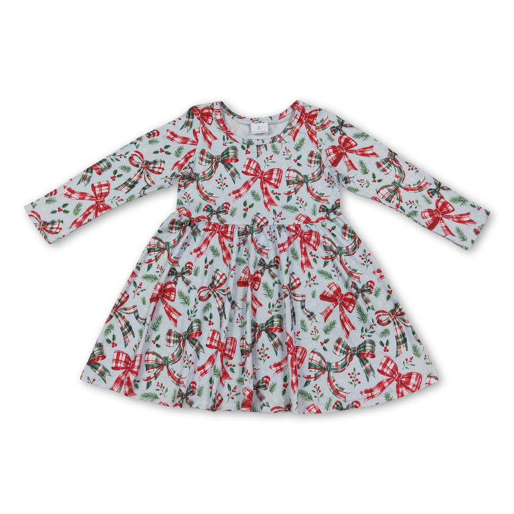 Long sleeves red green plaid bows girls Christmas dress