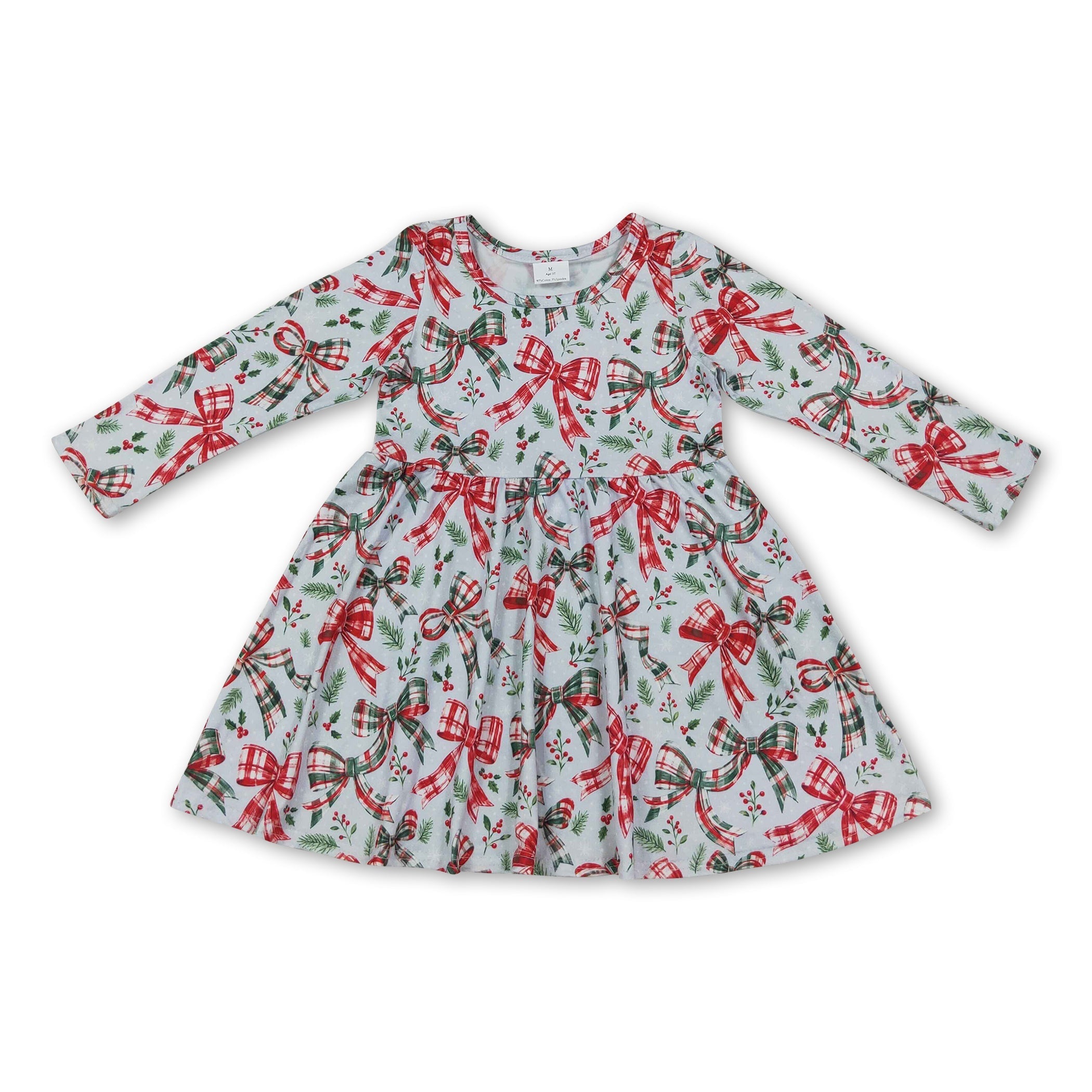 Long sleeves red green plaid bows girls Christmas dress