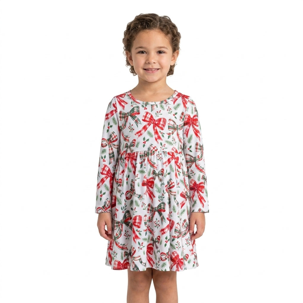 Long sleeves red green plaid bows girls Christmas dress