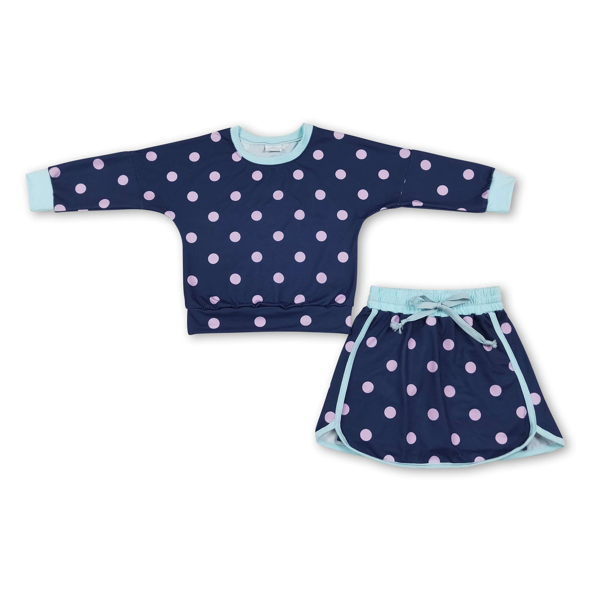 Long sleeves navy pink polka dots top skirt girls outfits