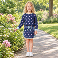 Long sleeves navy pink polka dots top skirt girls outfits