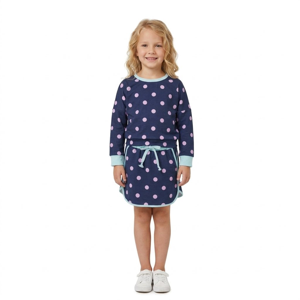 Long sleeves navy pink polka dots top skirt girls outfits