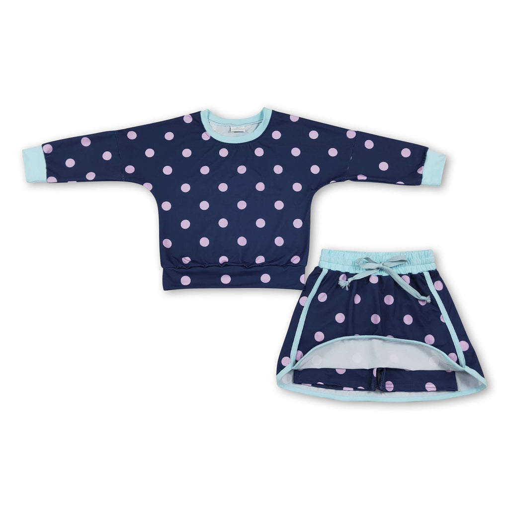 Long sleeves navy pink polka dots top skirt girls outfits