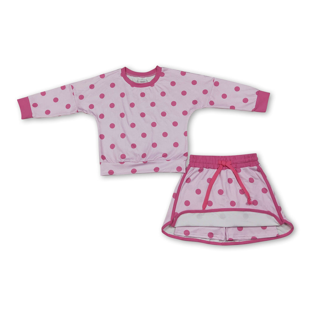 Long sleeves light pink polka dots top skirt girls outfits