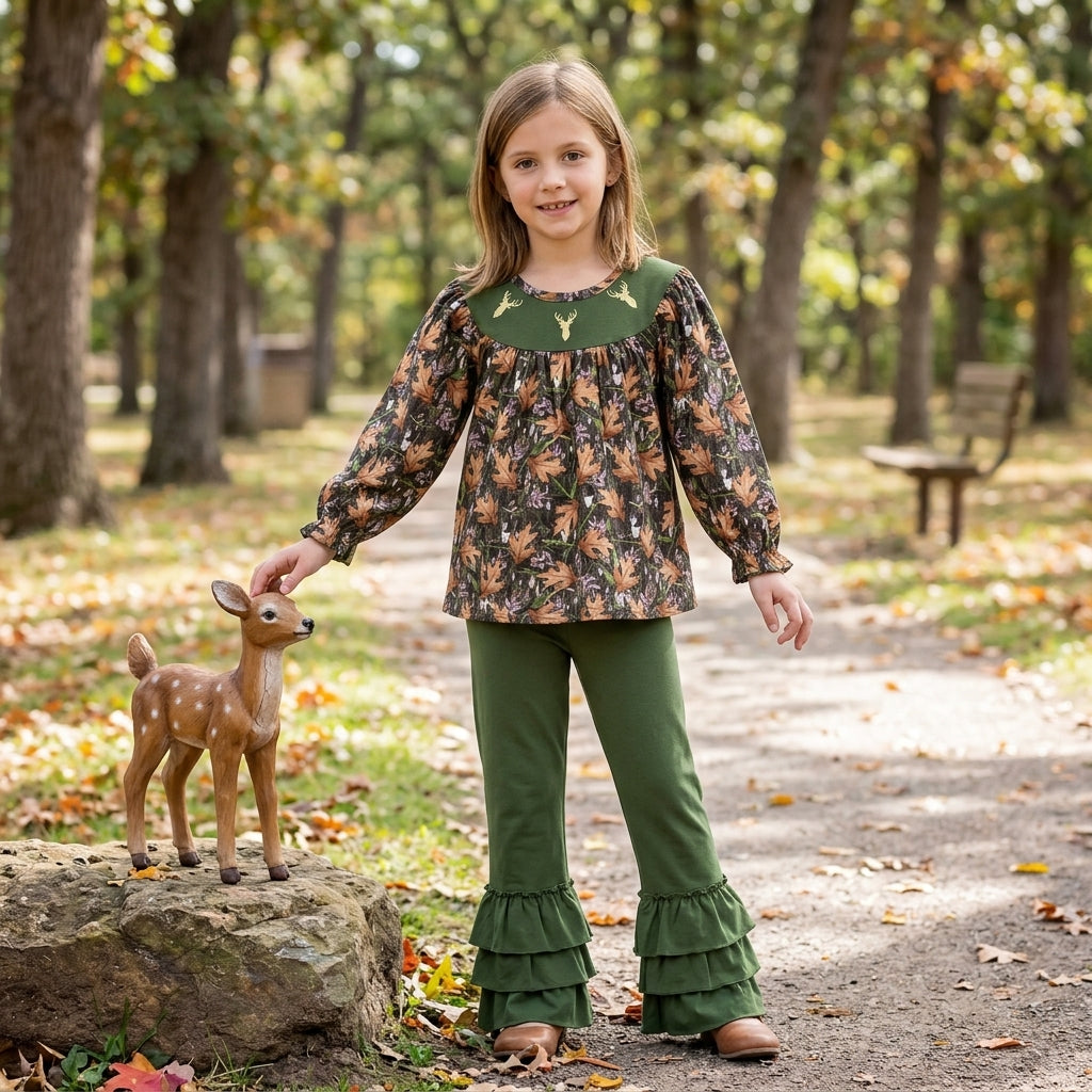 green deer smock leaves print green pants girls outfits