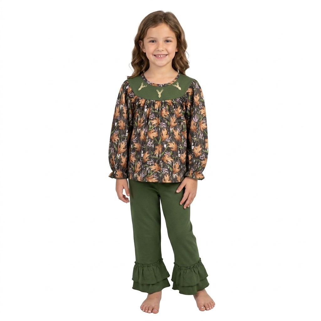 green deer smock leaves print green pants girls outfits