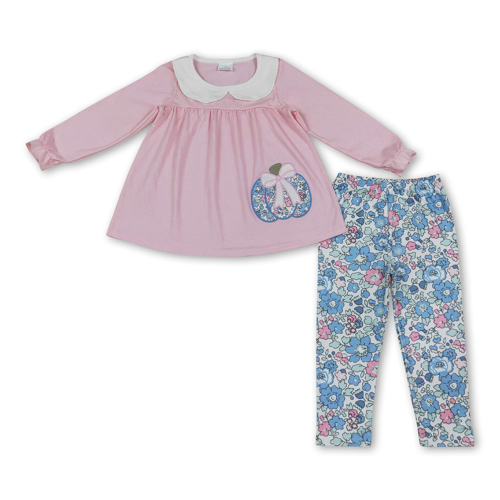 Floral pumpkin bow embroidery tunic leggings girls fall outfits