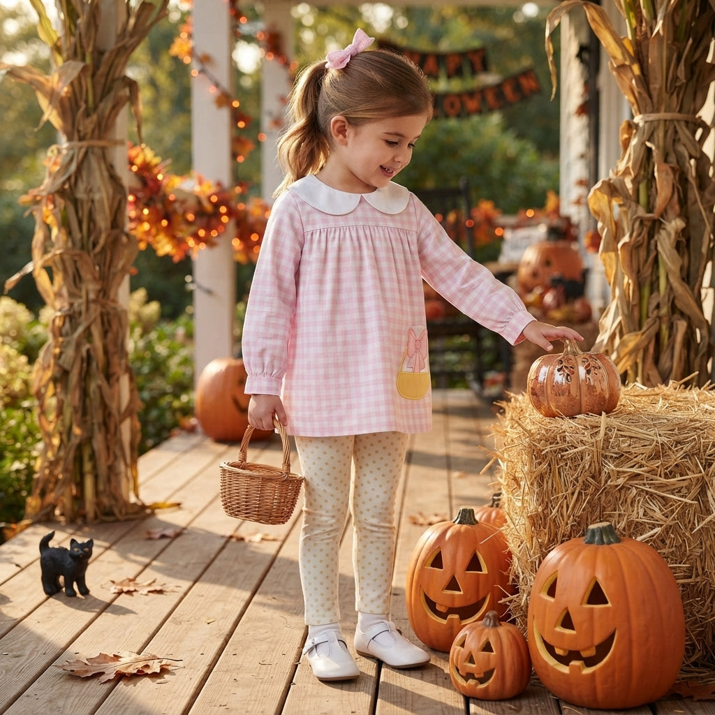 Plaid candy corn embroidery kids girls Halloween outfits