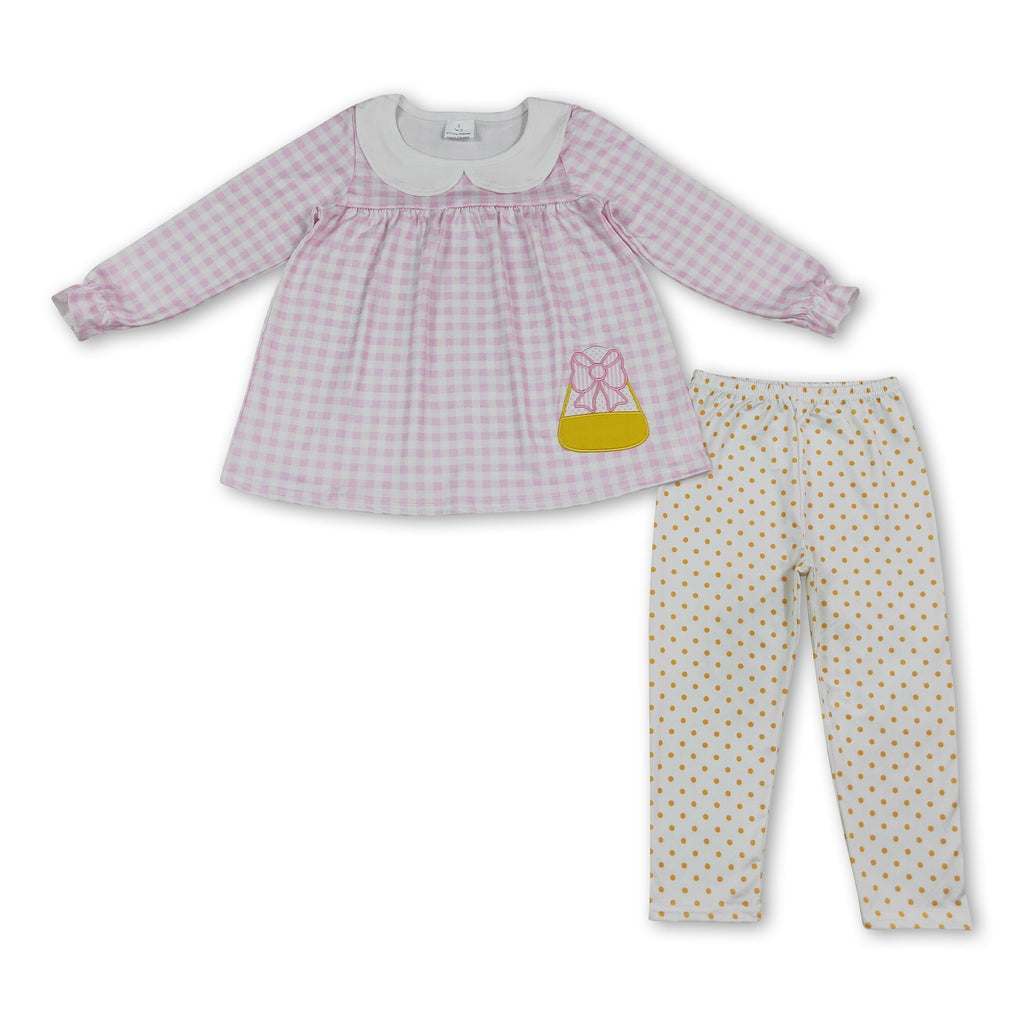 Plaid candy corn embroidery kids girls Halloween outfits