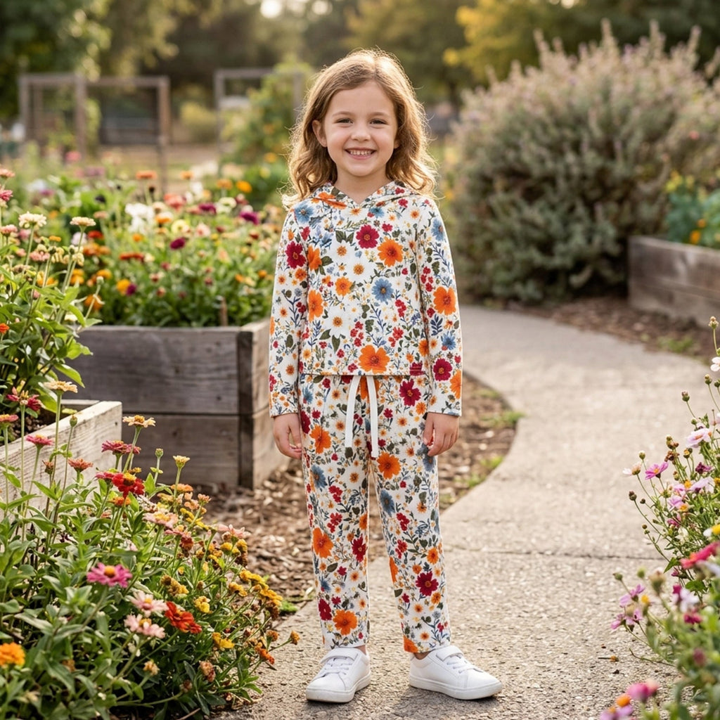 Long sleeves floral hoodie pants kids girls fall clothes
