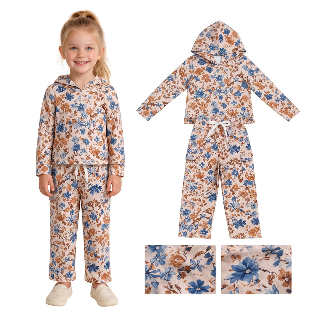 Long sleeves blue floral hoodie pants kids girls outfits
