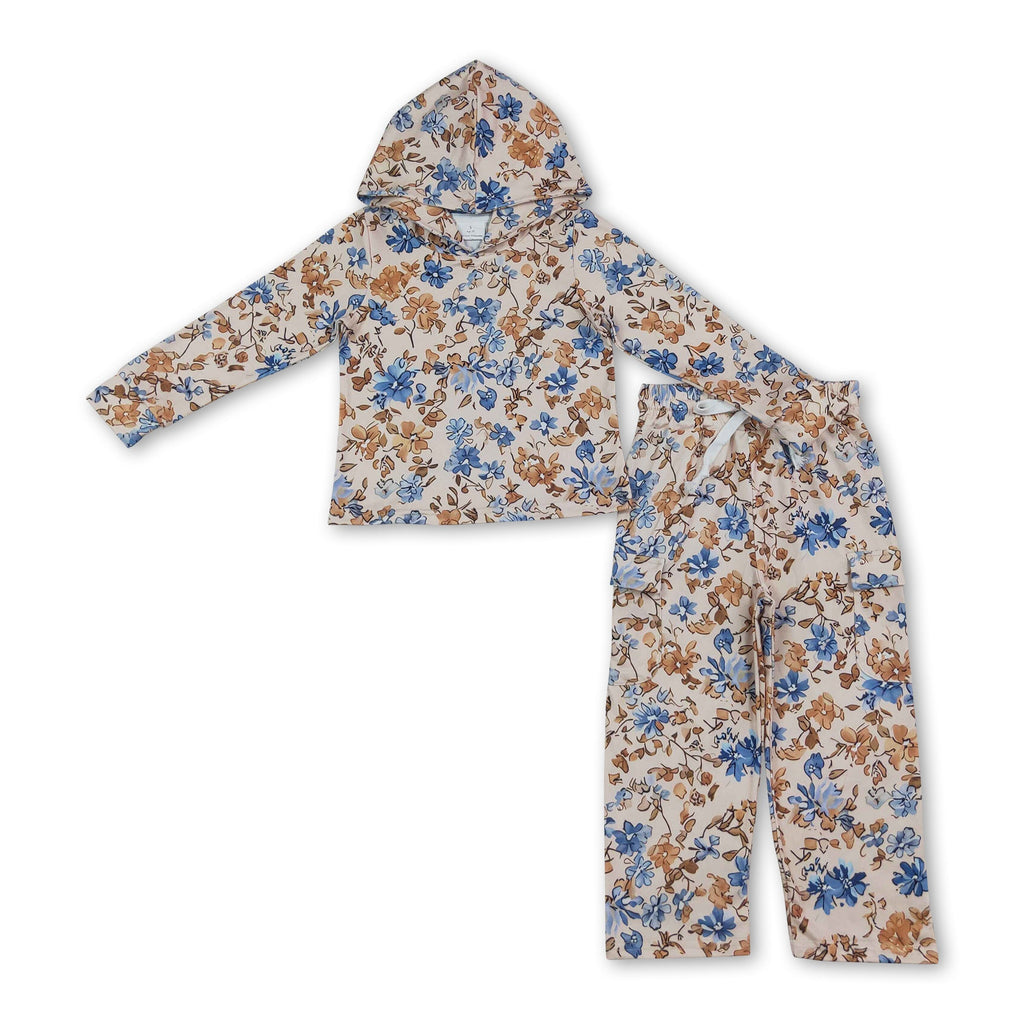 Long sleeves blue floral hoodie pants kids girls outfits