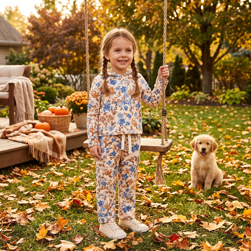 Long sleeves blue floral hoodie pants kids girls outfits