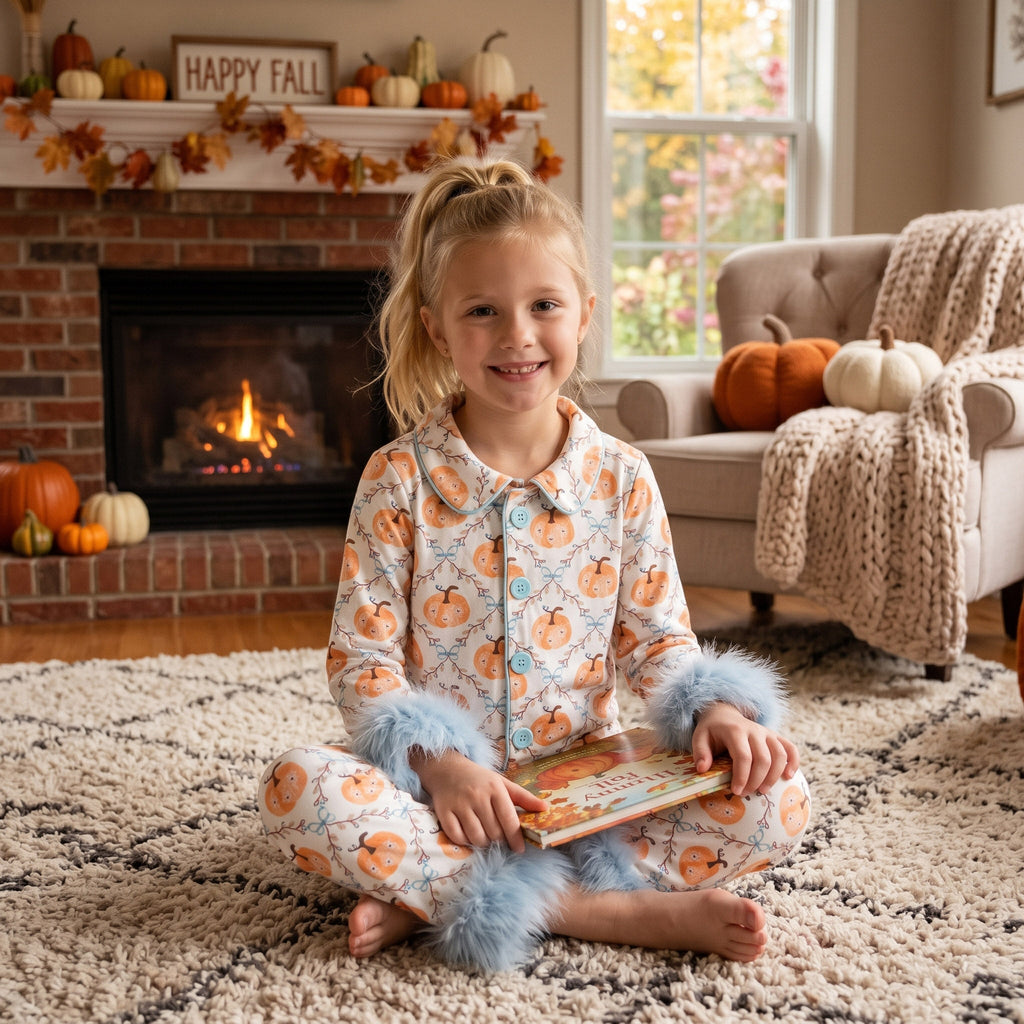 Long sleeves floral pumpkin girls fall button down pjs