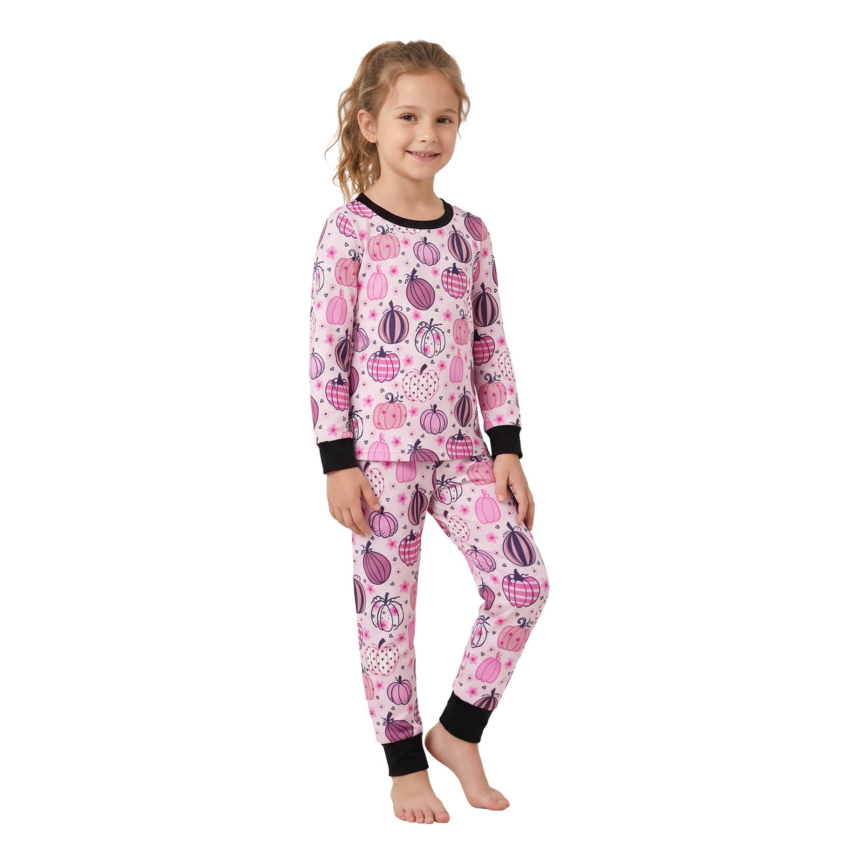 Long sleeves pink floral pumpkin girls fall pajamas