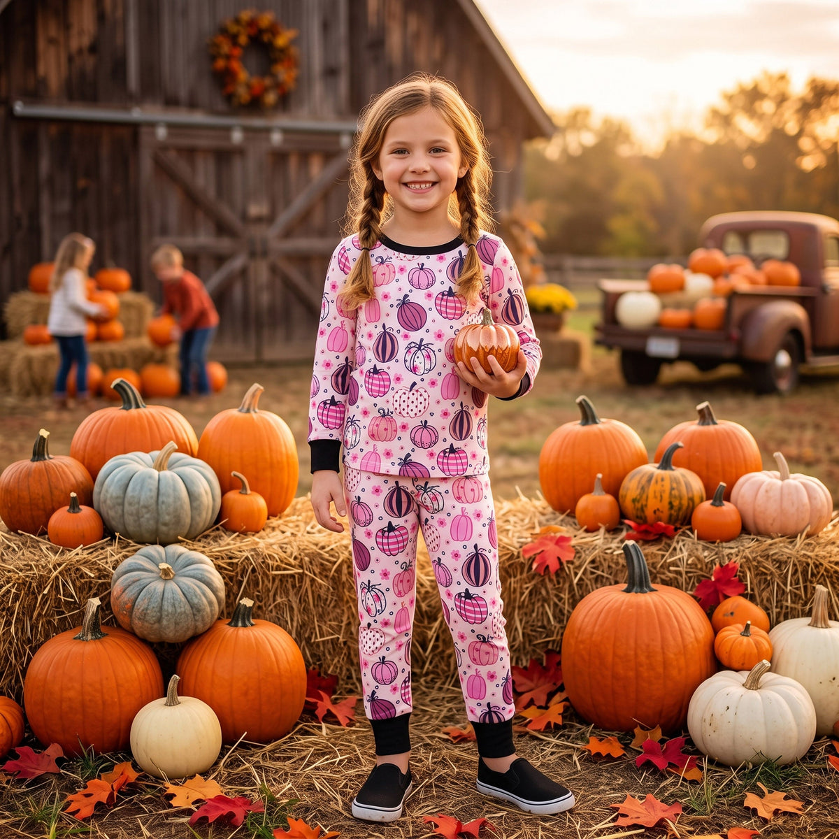 Long sleeves pink floral pumpkin girls fall pajamas
