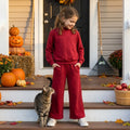 Long sleeves dark red cotton top pants kids girls outfits