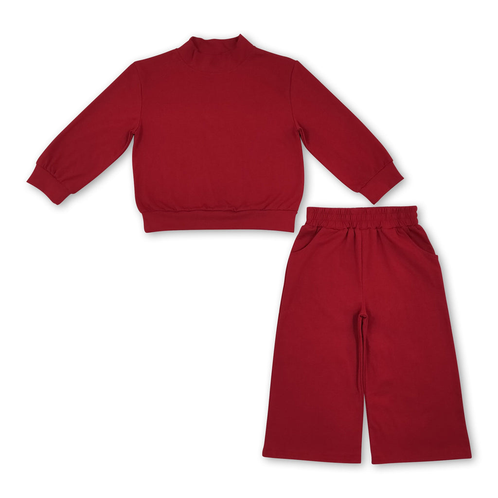 Long sleeves dark red cotton top pants kids girls outfits