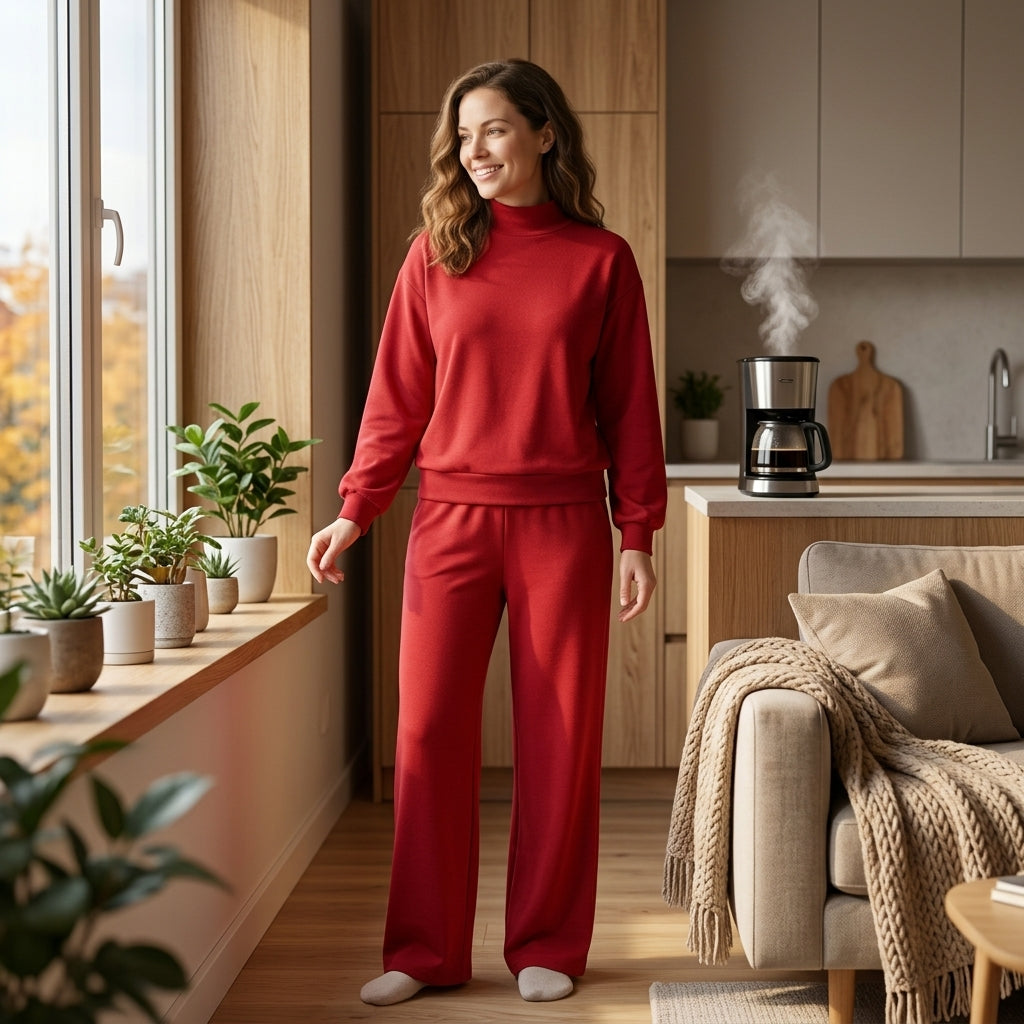 Long sleeves dark red cotton top pants adult women outfits