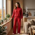 Long sleeves dark red cotton top pants adult women outfits
