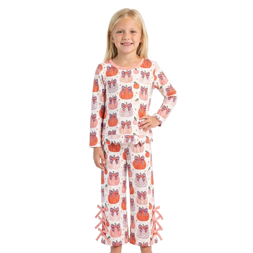 Leopard pumpkin bow scallop top pants girls fall outfits