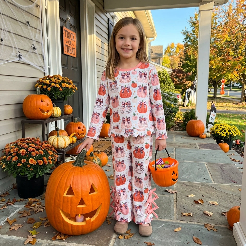 Leopard pumpkin bow scallop top pants girls fall outfits