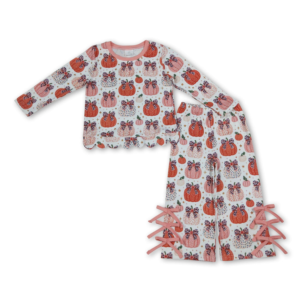 Leopard pumpkin bow scallop top pants girls fall outfits