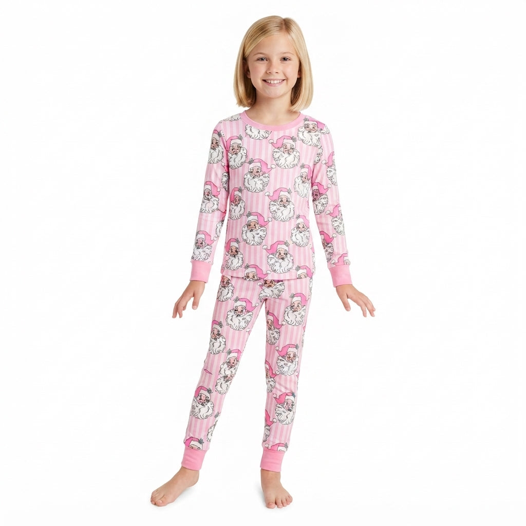 Long sleeves pink stripe santa girls Christmas pajamas