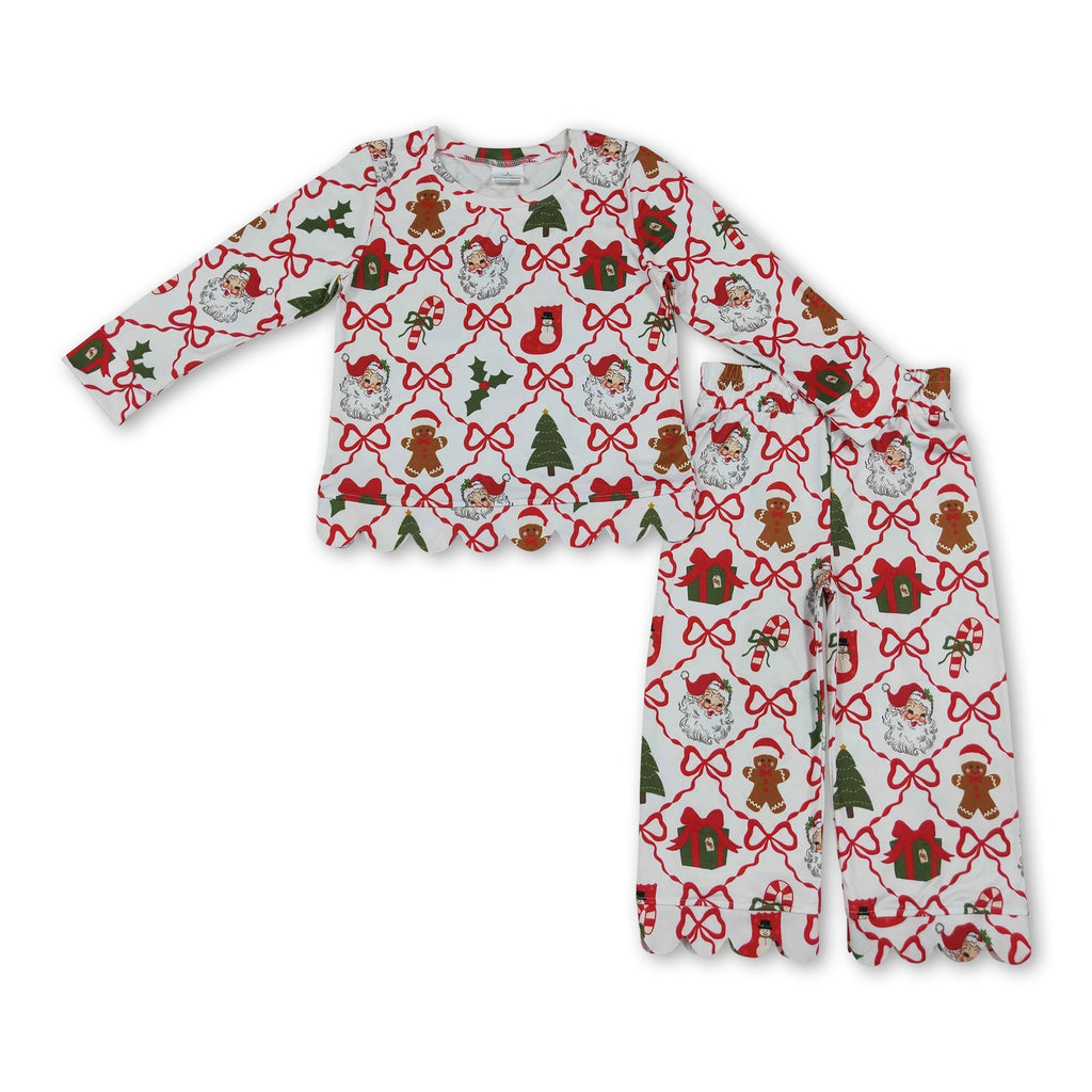 Long sleeves santa bow scallop kids girls Christmas outfit