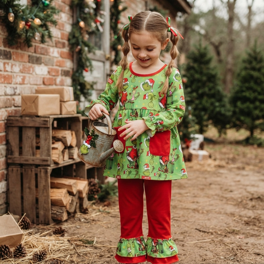 Green face tunic red pants girls Christmas outfits