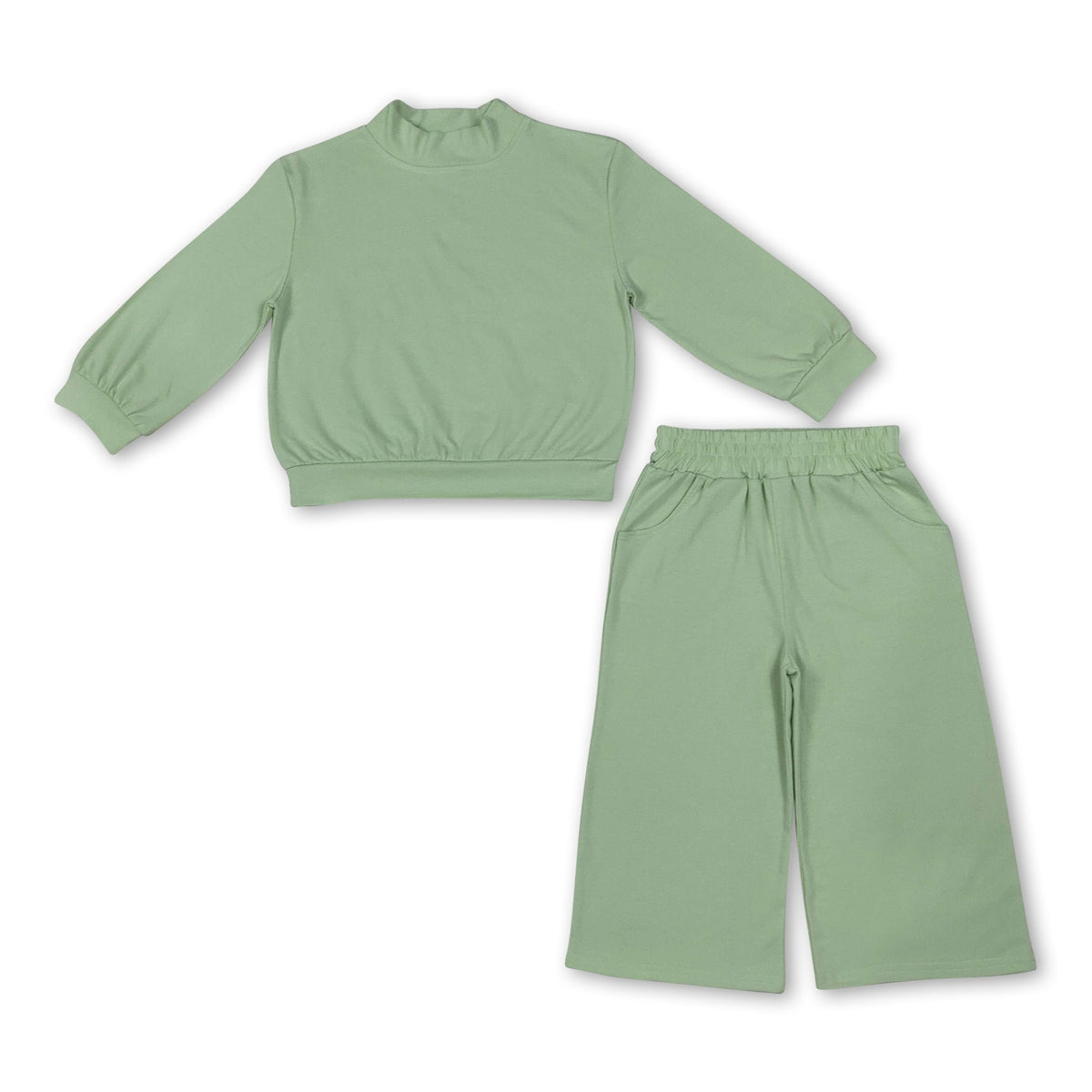 Long sleeves green cotton top pants kids girls outfits