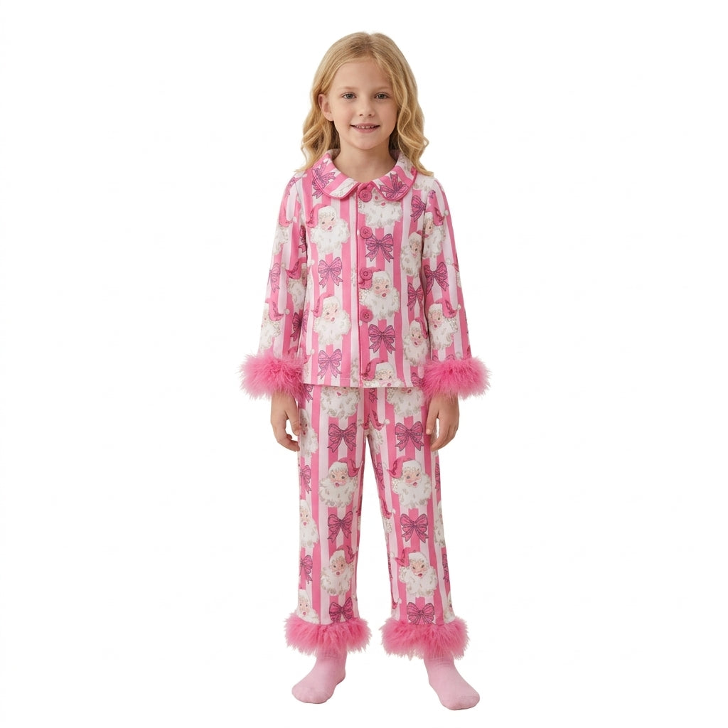 Fur long sleeves santa bow girls Christmas pajamas