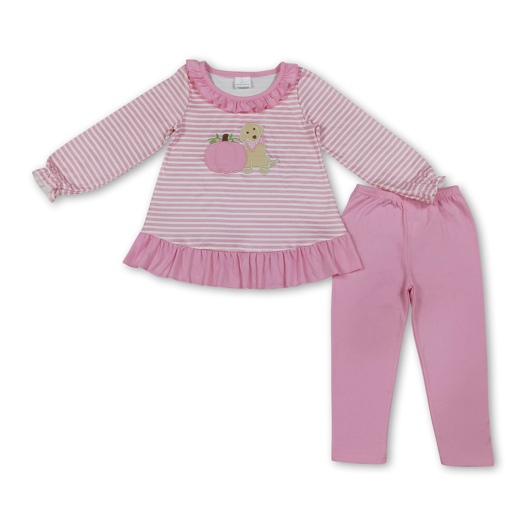 Pumpkin dog embroidery top leggings girls fall clothes