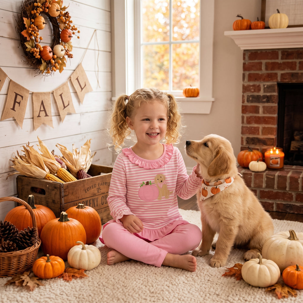 Pumpkin dog embroidery top leggings girls fall clothes