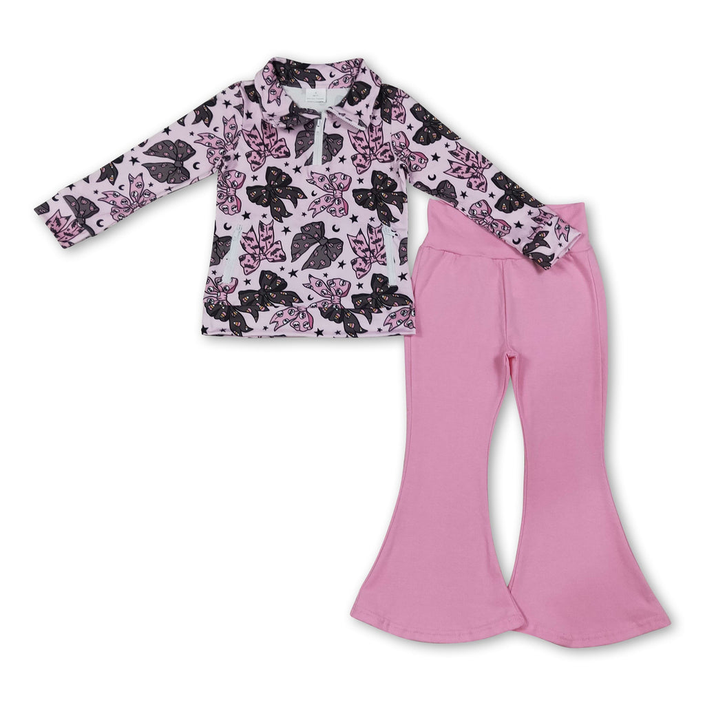 Bat skull bow pullover pink pants girls Halloween set