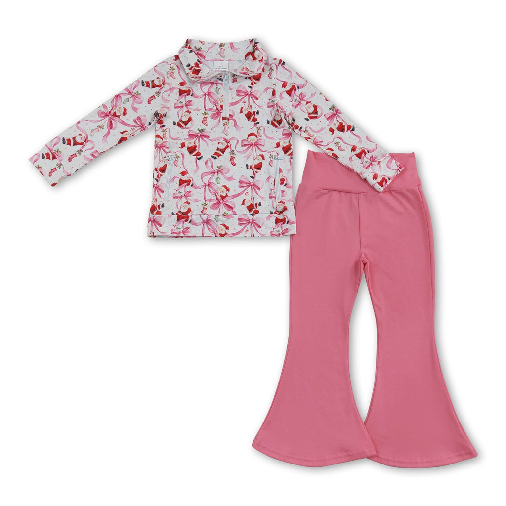 Santa bow pullover pink pants girls Christmas set