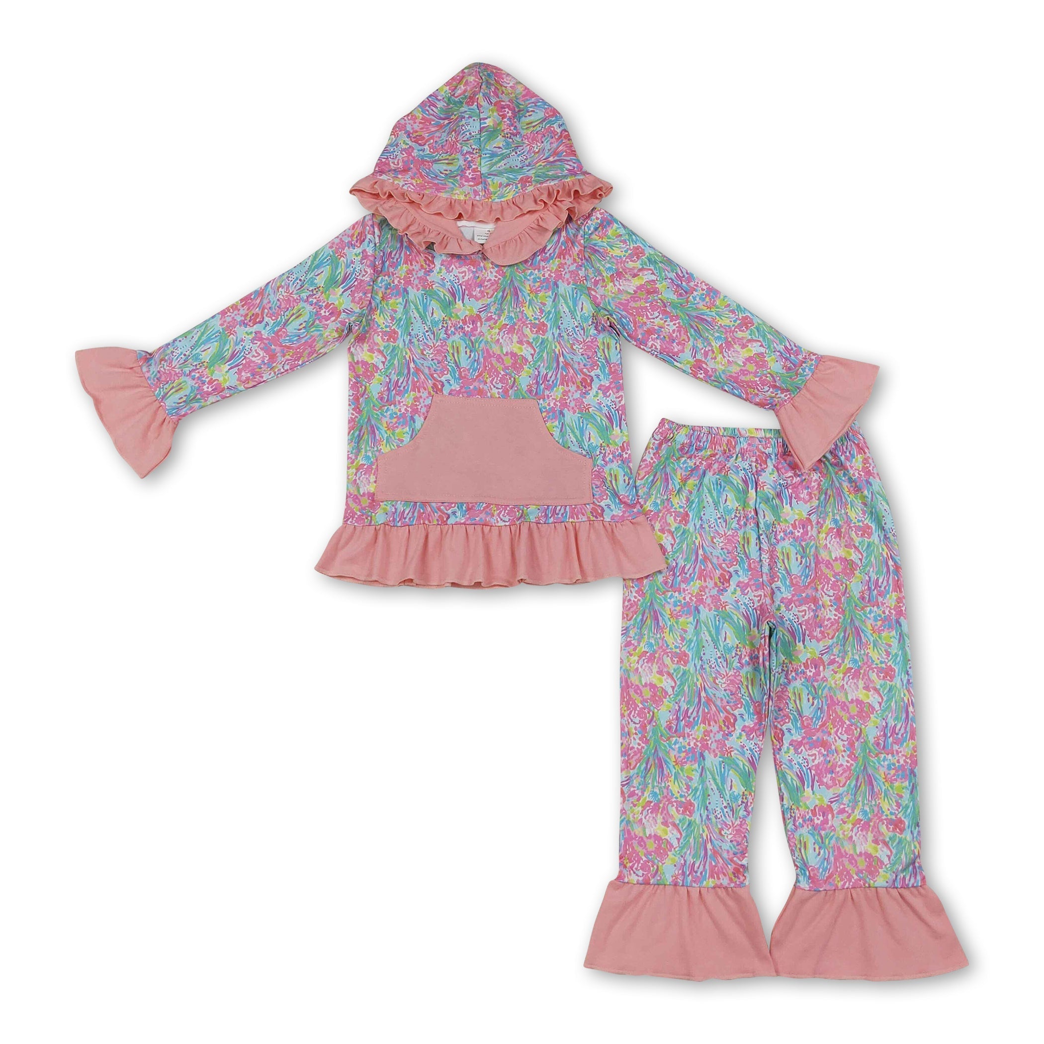 Long sleeves peach ruffle coral hoodie pants kids girls outfits