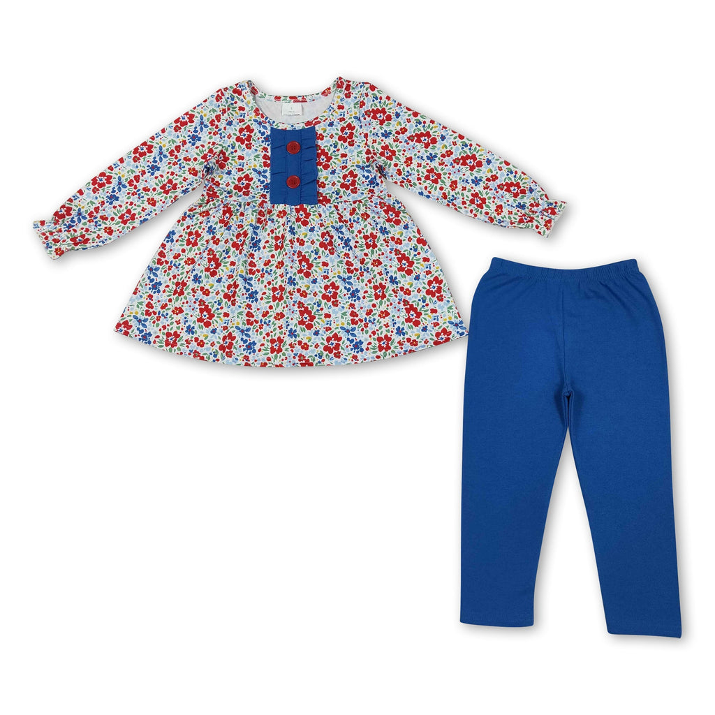 Blue red floral tunic leggings kids girls outfits
